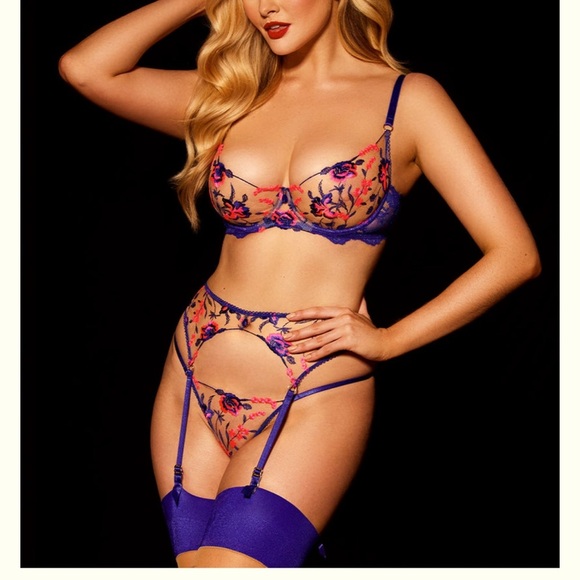 New Honey Birdette 2pc Pink Sapphire set 32F 32DDD Small garter belt suspender - Picture 1 of 7